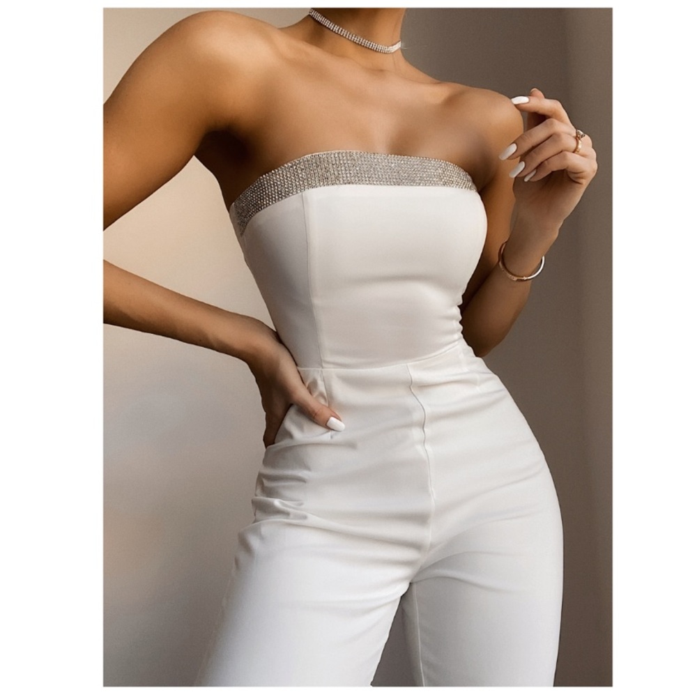 Naked Wardrobe Ivory Strapless Embellished Pantsuit